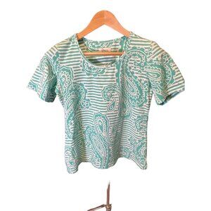 D & Co Active Green Striped Paisley Print Short Sleeve Round Neck Top SZ Small